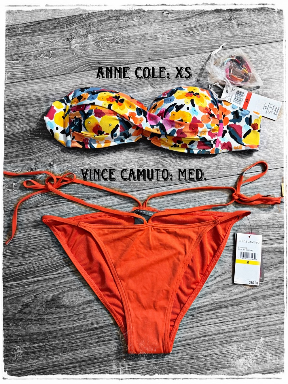 Anne Cole Multicolor Bandeau Top with Bright Orange Bikini Bottoms